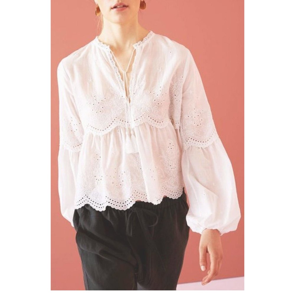 Ulla Johnson Lucie Embroidered Blouse Top Eyelet Tassel Tie Cotton M 8